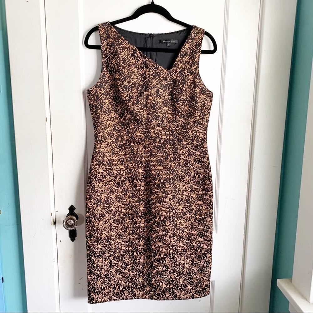 David Meister Pencil Style Dress Asymmetrical Neckline Unique Bronze Stitching 8